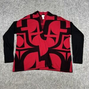 Chicos Cardigan Sweater Womens 1 Red Black Geometric Print Open Front Knit Prep‎